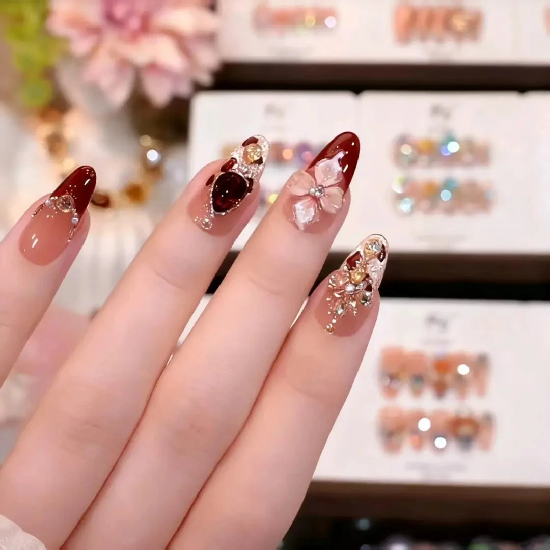 【红天鹅】时尚红色带钻高级感成品美甲穿戴式手工穿戴甲