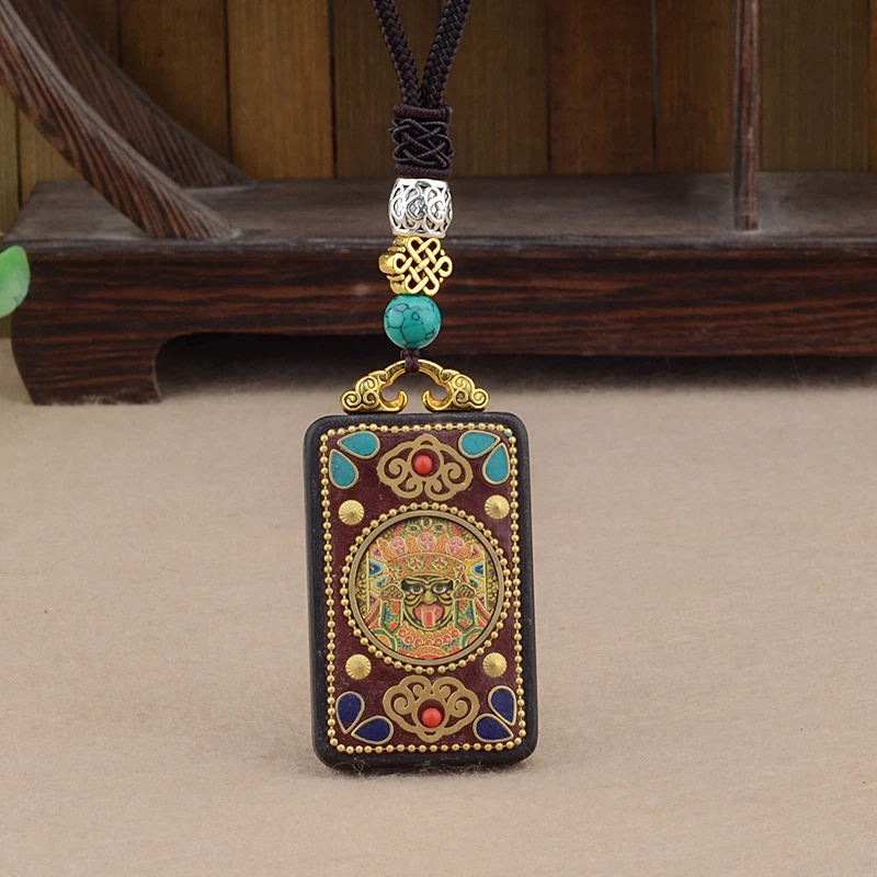 合金木质吊坠 【西藏包邮】藏式黄财神黑檀木佛牌扎基拉姆唐卡吊坠