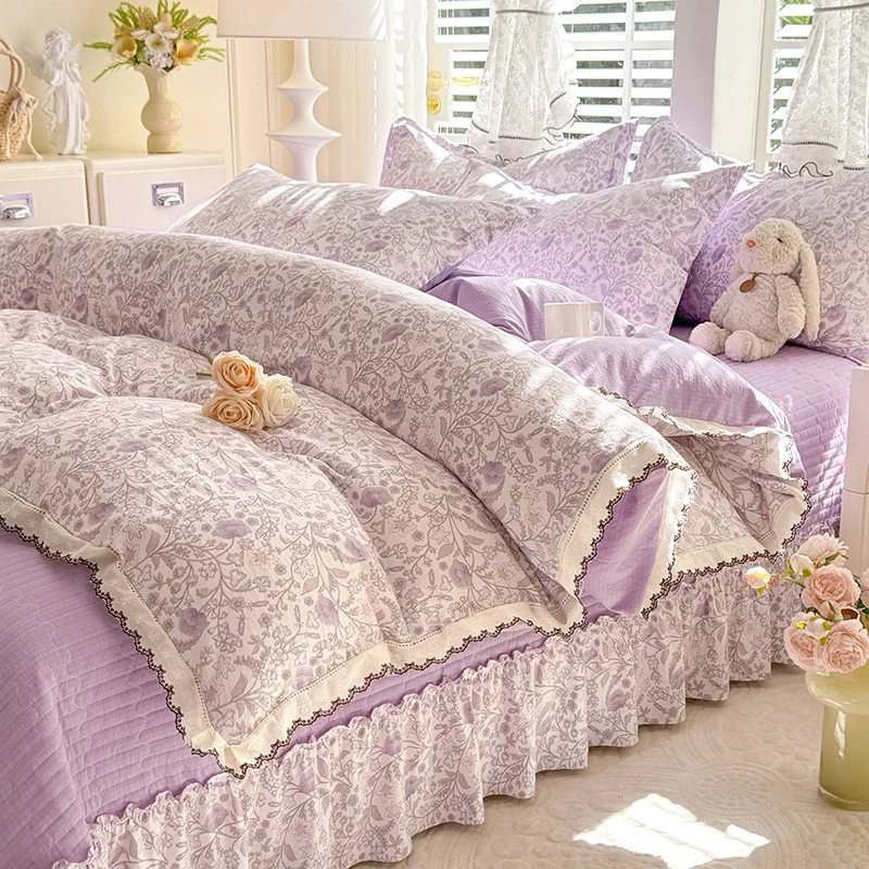 新款亚麻镂空双色刺绣花边全棉法式床盖款棉麻四件套家用保暖四季