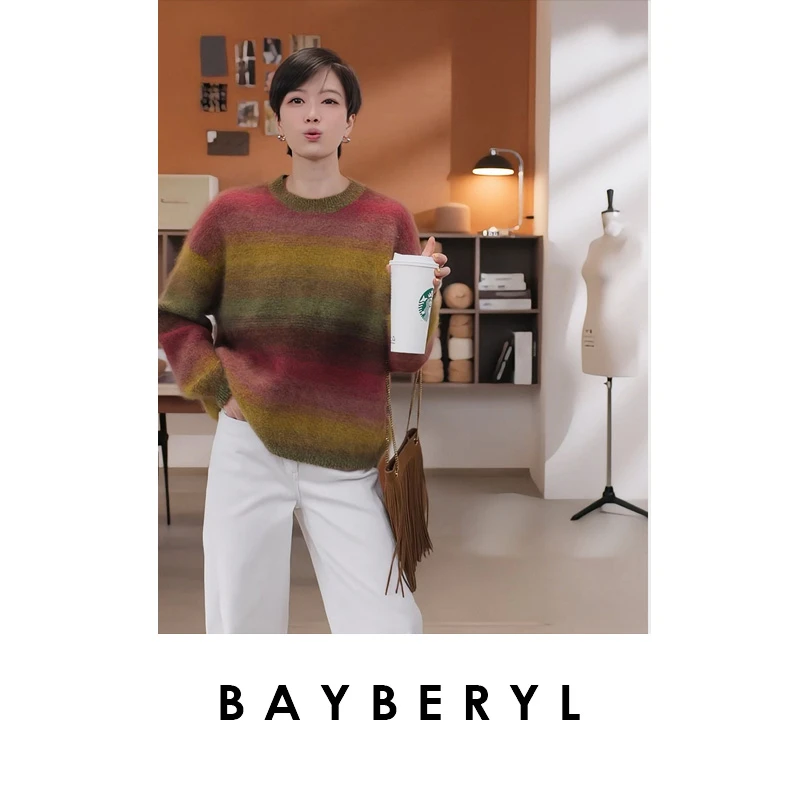 BAYBERYL老贝彩虹糖*渐变羊绒圆领柔软秋针织衫ZZS5J0102-10/10