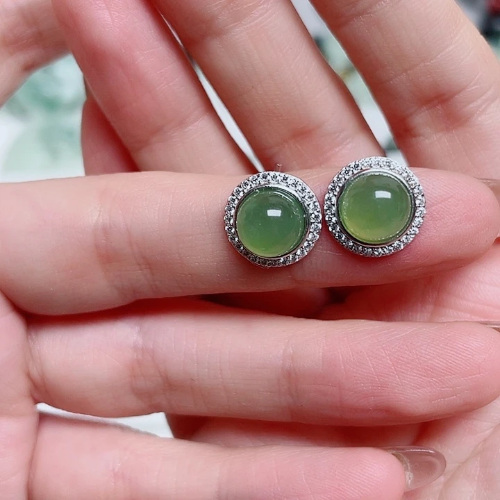 蛇纹石玉银S925镶嵌耳钉