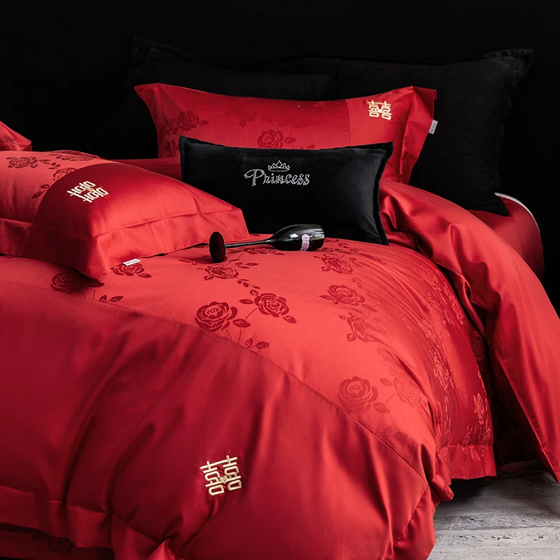 高级感轻奢婚庆纯棉提花加厚四件套婚嫁红色喜被结婚床上用品1.8