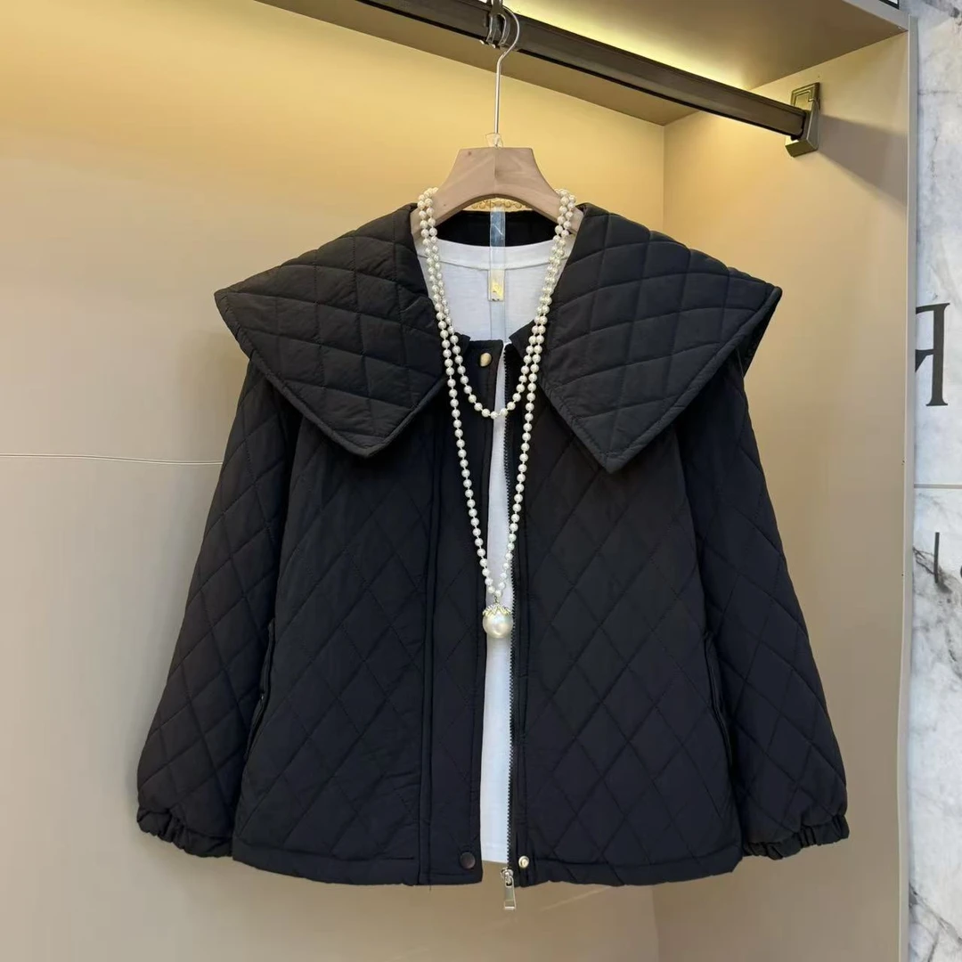 2025秋冬百搭设计韩版压格娃娃领薄棉休闲潮流显瘦保暖外套825017