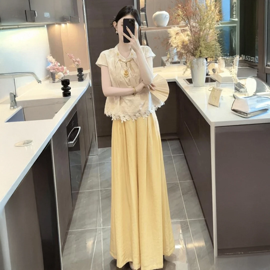 2025夏季新款设计感气质显瘦国风上衣搭配休闲阔腿裤新中式两件套