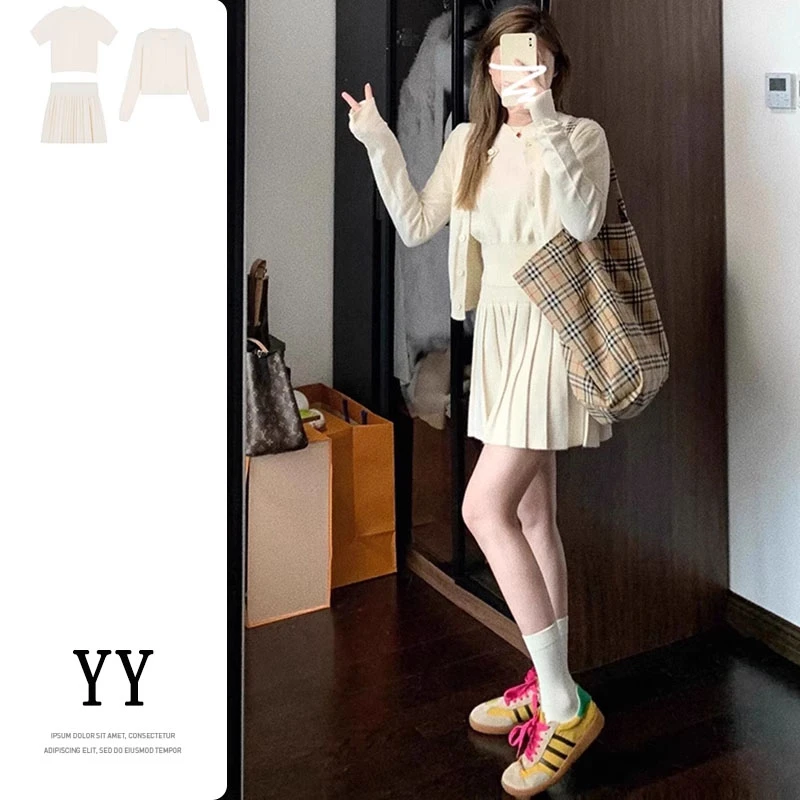 秋装女2025新款miu开秋气质穿搭一整套装高级感法式白色连衣裙子