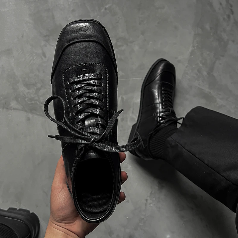美式内增高低帮德训鞋休闲拳击鞋高级感黑色软底正装皮鞋英伦潮流