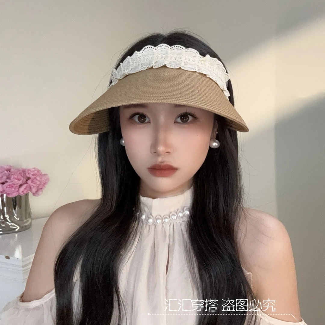 法式草编发箍空顶帽子女夏季新款沙滩太阳帽防晒防紫外线遮阳草帽