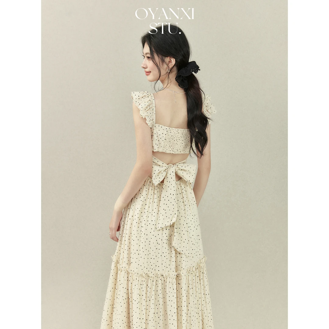 欧阳喜《 点点夏日》夏天甜美连衣裙小飞袖露背蝴蝶结收腰宽松长裙+