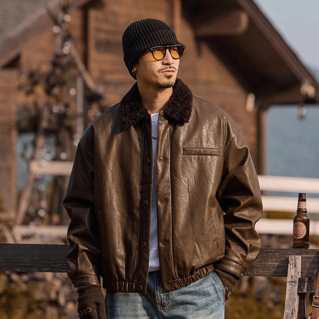 美式复古重磅羊羔绒毛领棉服男士棉衣冬季加厚保暖机车皮衣外套男