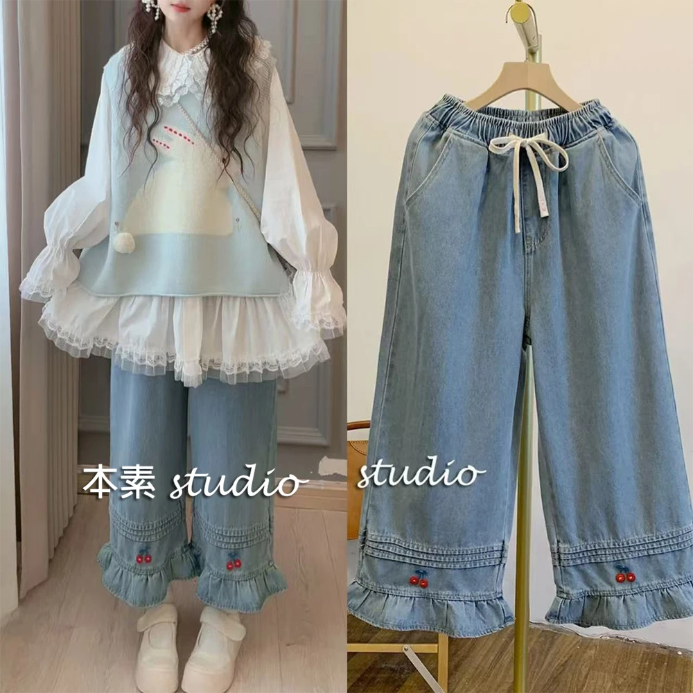 樱桃裤C3203小樱桃风琴褶荷叶边松紧腰系带牛仔阔腿裤