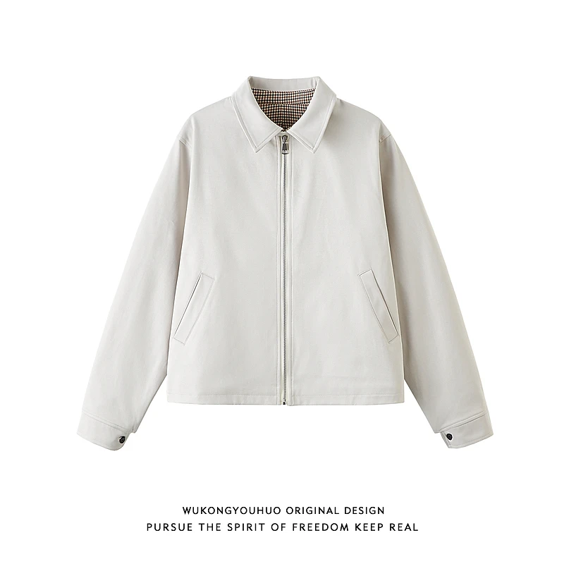 悟空有货潮牌千鸟格哈灵顿立领夹克男女复古廓形百搭短款休闲外套