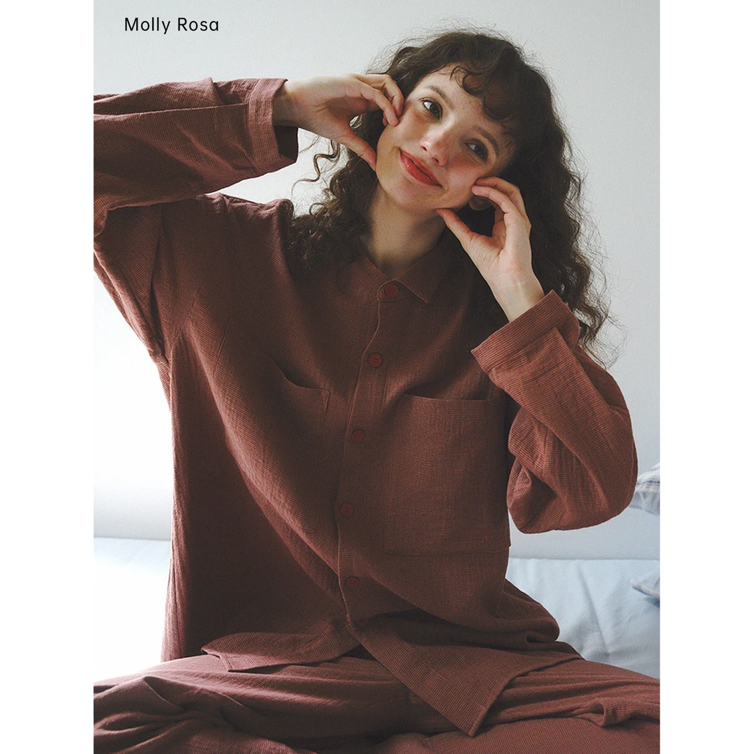 原创款·砖红色迷你千鸟格纹纯棉长袖长裤睡衣家居服套装2025新春