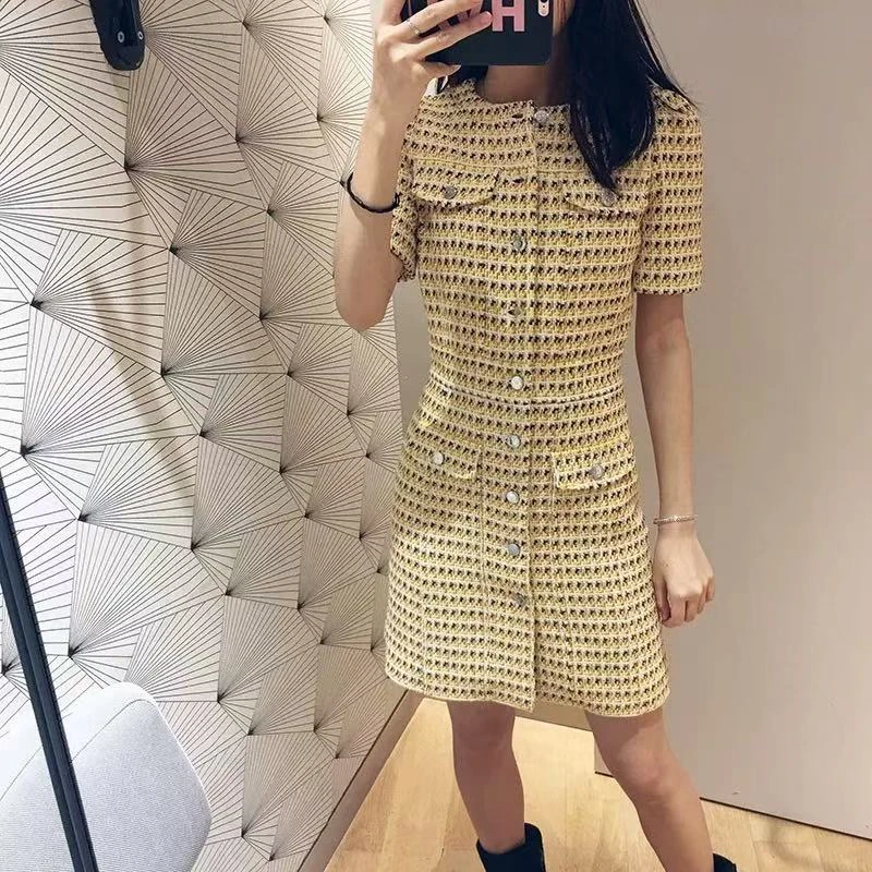 小香风短袖连衣裙财阀千金女装名媛短裙女乔欣同款格子裙夏季