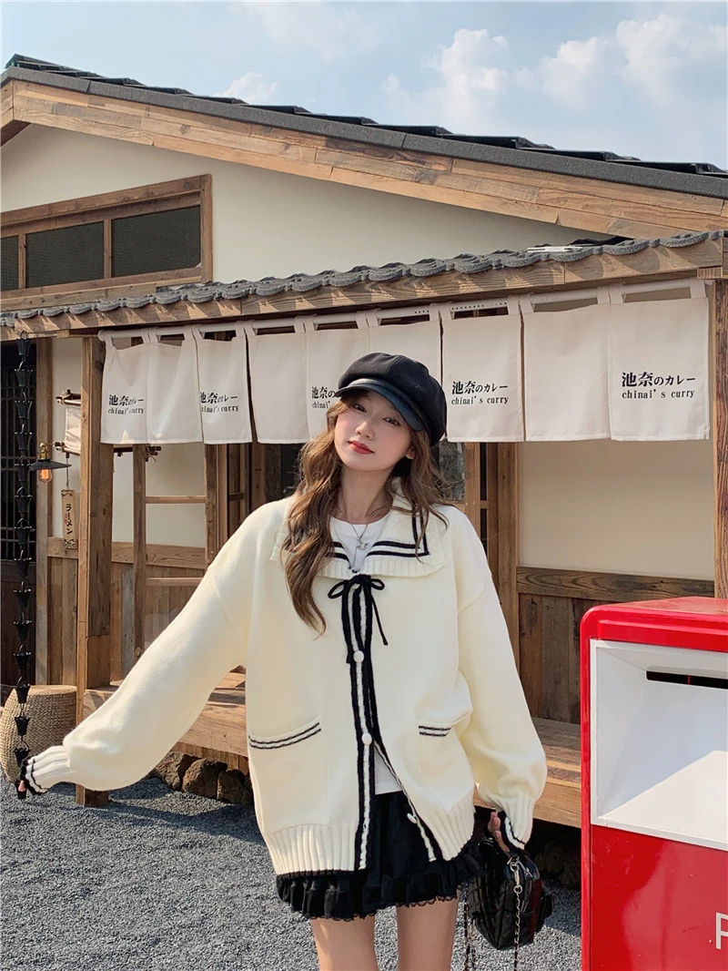 秋季韩系爆款宽松长袖针织开衫上衣外穿学院风撞色翻领毛衣外套女