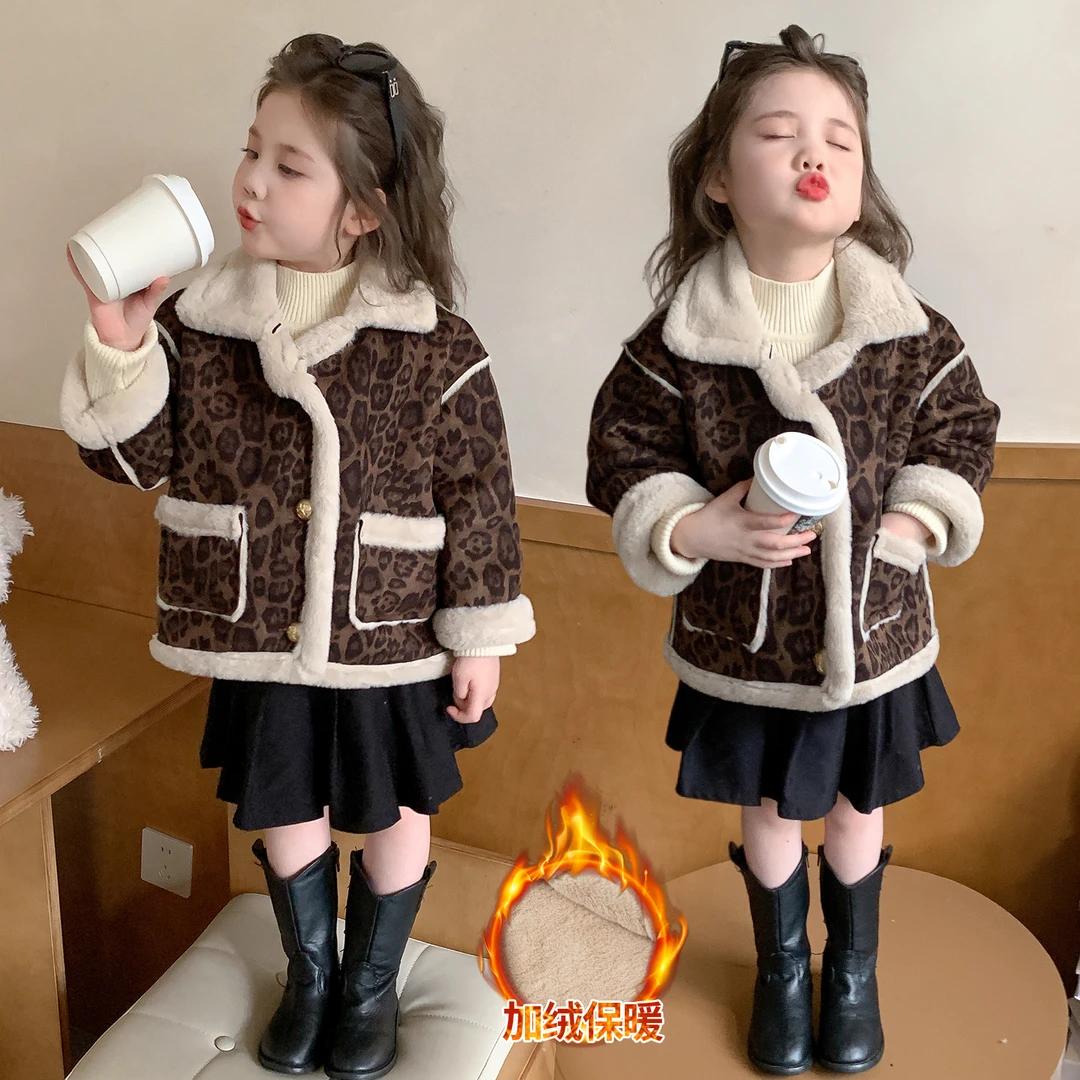 女童豹纹外套儿童秋冬装韩版洋气加绒加厚女宝宝冬季保暖森系上衣