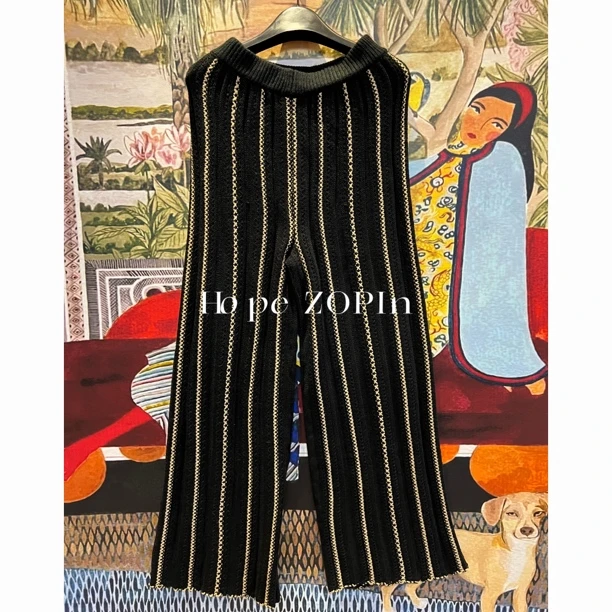 【大G精选】“平行时空”  慵懒风黑金条纹针织阔腿裤