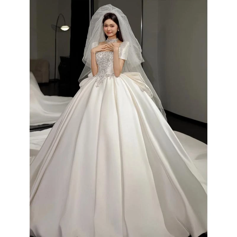 缎面婚纱2025新款新娘重工高端法式主纱在逃公主拖尾小个子迎宾纱