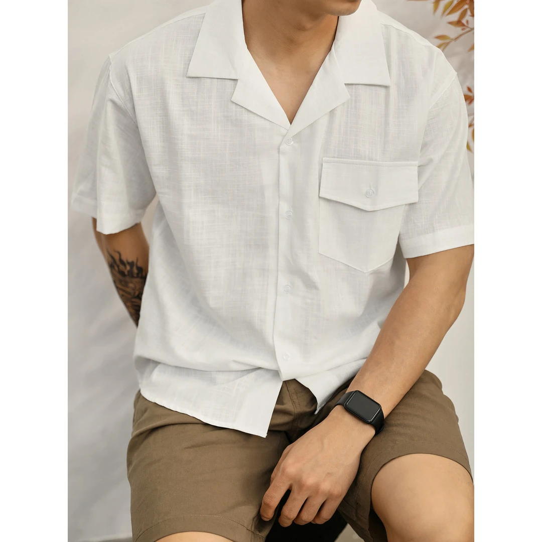 奥兰德保罗复古时尚古巴领挺阔质感短袖衬衫男夏通勤百搭宽松上衣