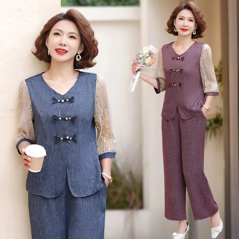 新款中年妈妈夏装中式套装中老年女夏季中袖上衣休闲阔腿裤两件套