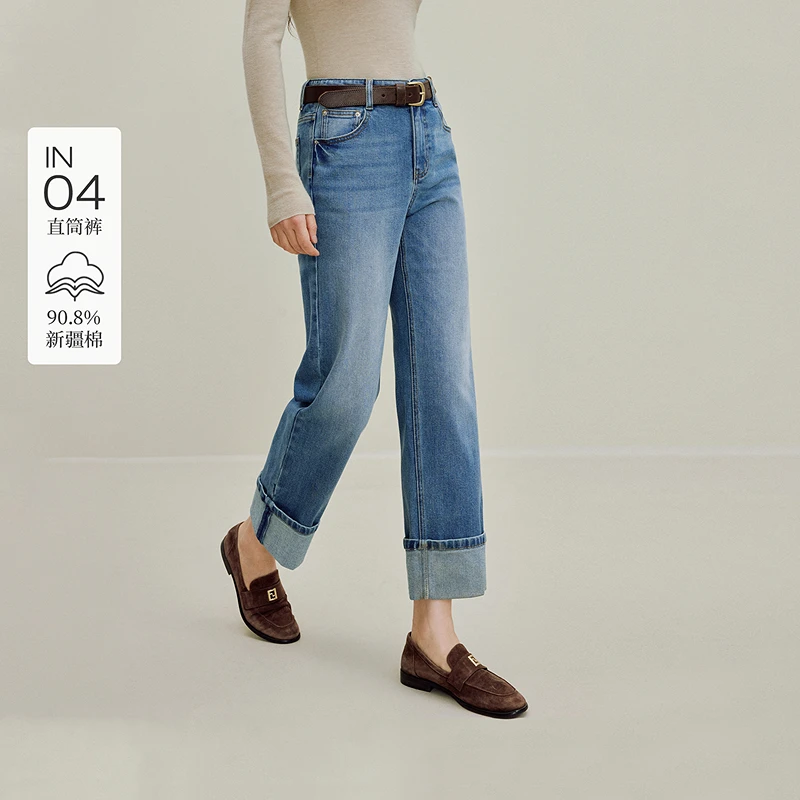 茵曼25秋季复古水洗翻边直筒牛仔裤百搭显瘦宽松女士新款裤子