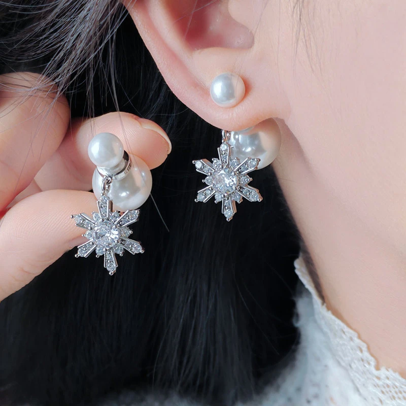 合金仿珍珠耳饰 后戴锆石雪花珍珠耳环轻奢高级感925银针耳环百搭