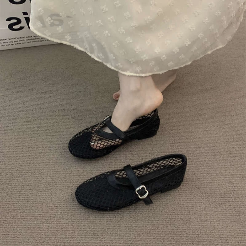 夏日潮流新款简约百搭镂空芭蕾舞平底玛丽珍网面单鞋时尚渔网鞋清