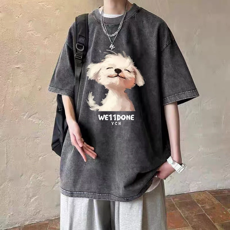 2025新款水洗做旧嘻哈美式复古T恤短袖潮流小狗印花t恤ins上衣男