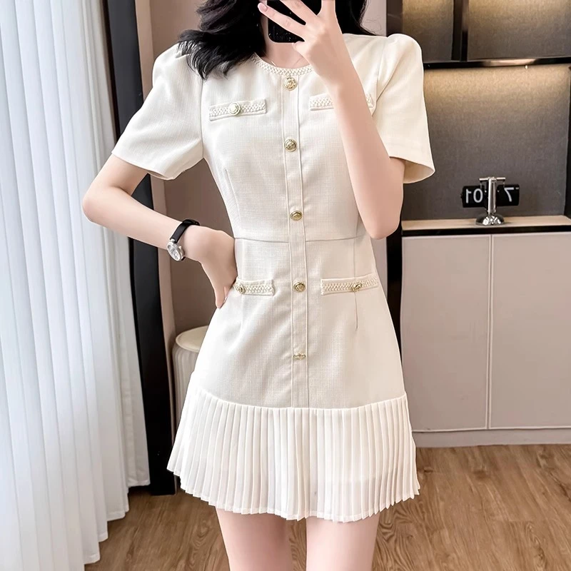 小香风法式连衣裙女夏富家千金感轻奢气质收腰A字裙设计感百褶裙