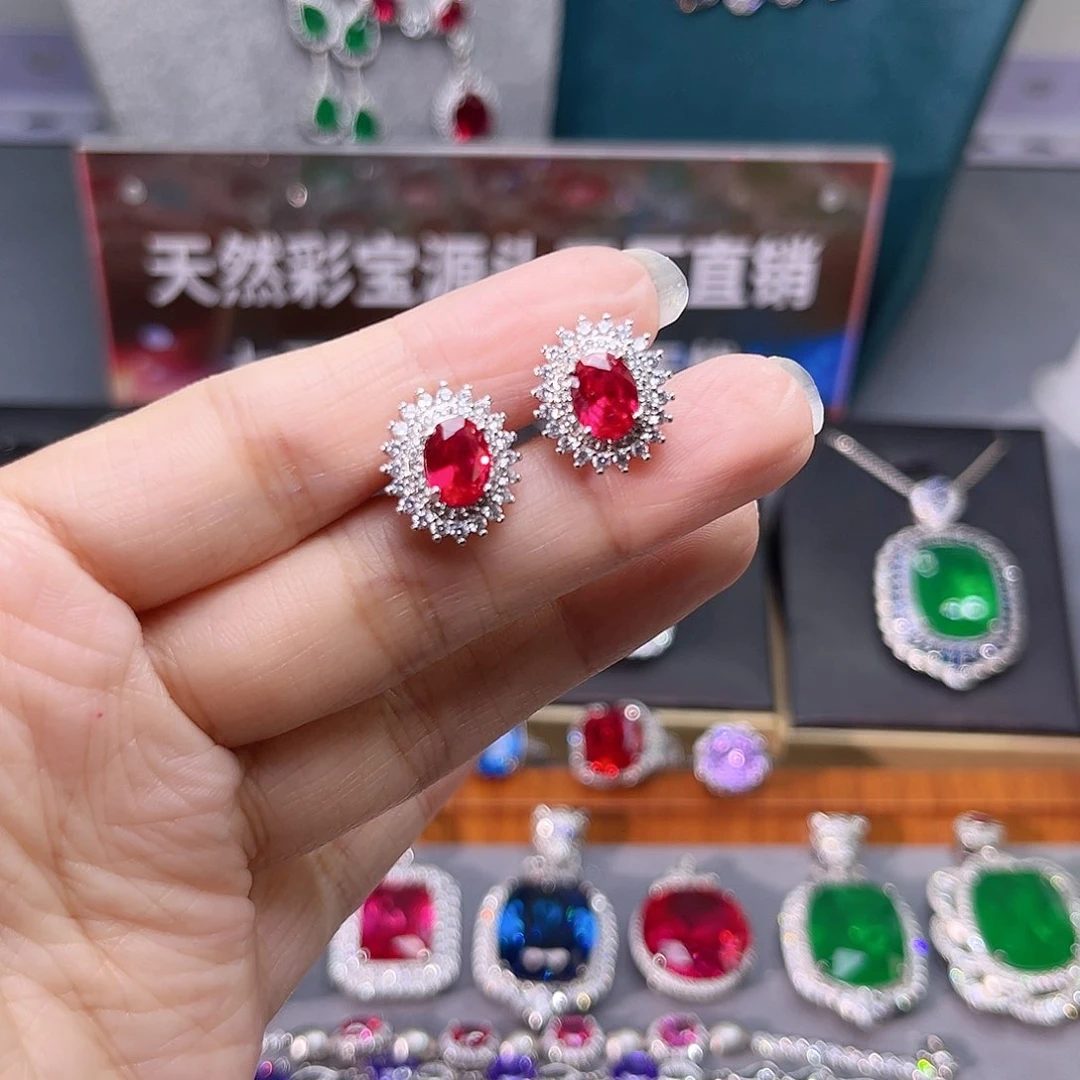 银S925镶嵌耳饰红宝石259
