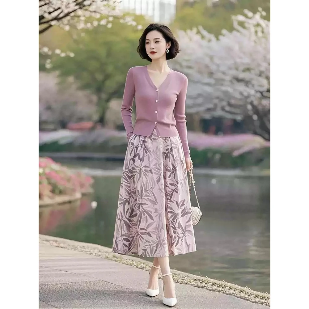 春季整套妈妈时尚气质粉紫色碎花半身裙两件套