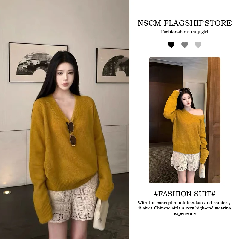 NSCM秋季宽松常规女不起球常规款V领长袖毛针织衫慵懒规则短裙