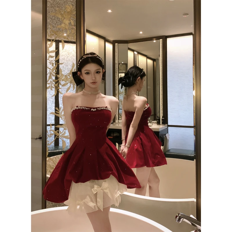 轻奢气质圣诞红重工镶钻闪亮大摆丝绒抹胸裙蝴蝶结网纱短裙套装女