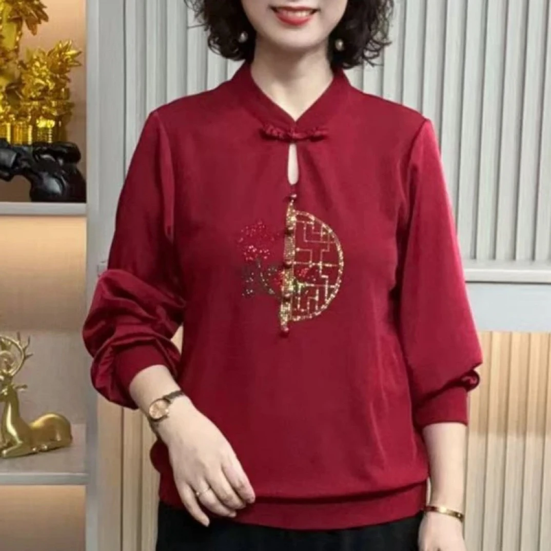 新中式新款中老年女妈妈装秋季新款烫钻长袖T恤打底衫复古长袖