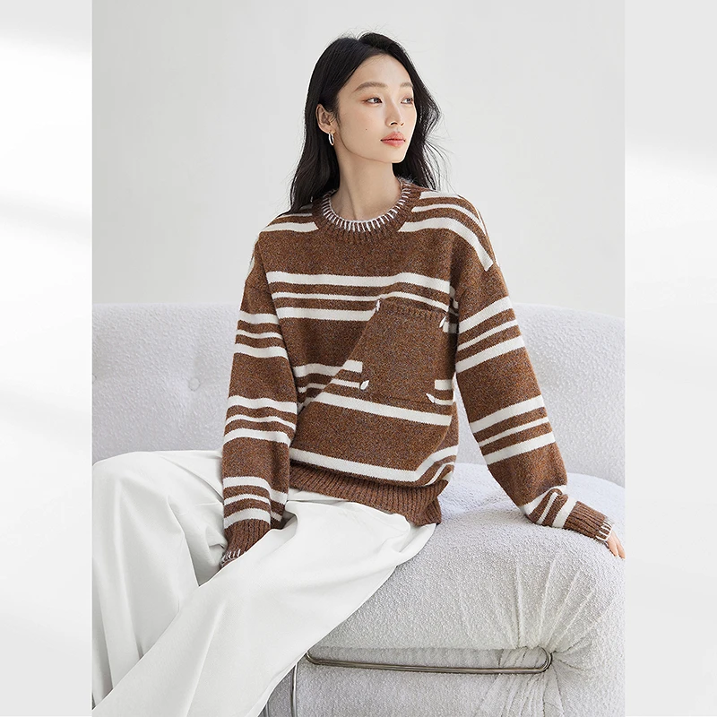 对白韩版撞色条纹圆领毛衣女2025冬季新款简约慵懒宽松套头针织衫
