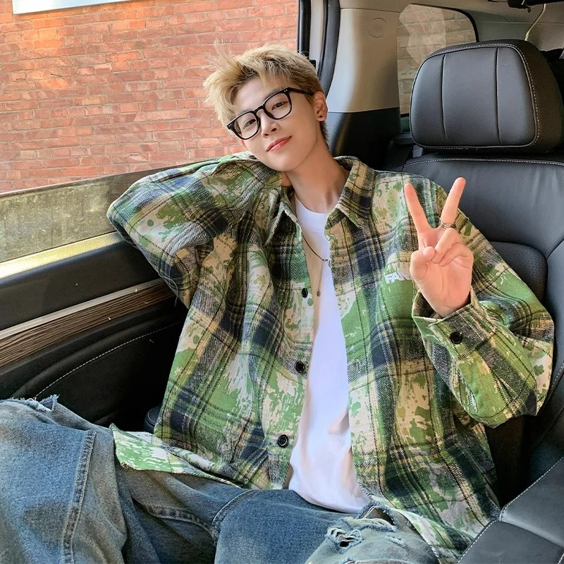 vintage绿色扎染格子衬衫男款美式复古情侣长袖衬衣外套叠穿上衣