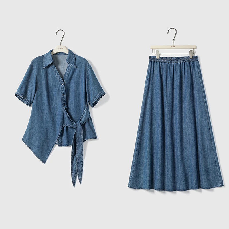 复古设计感时尚牛仔套装女夏季翻领收腰绑带百搭衬衫半身裙两件套