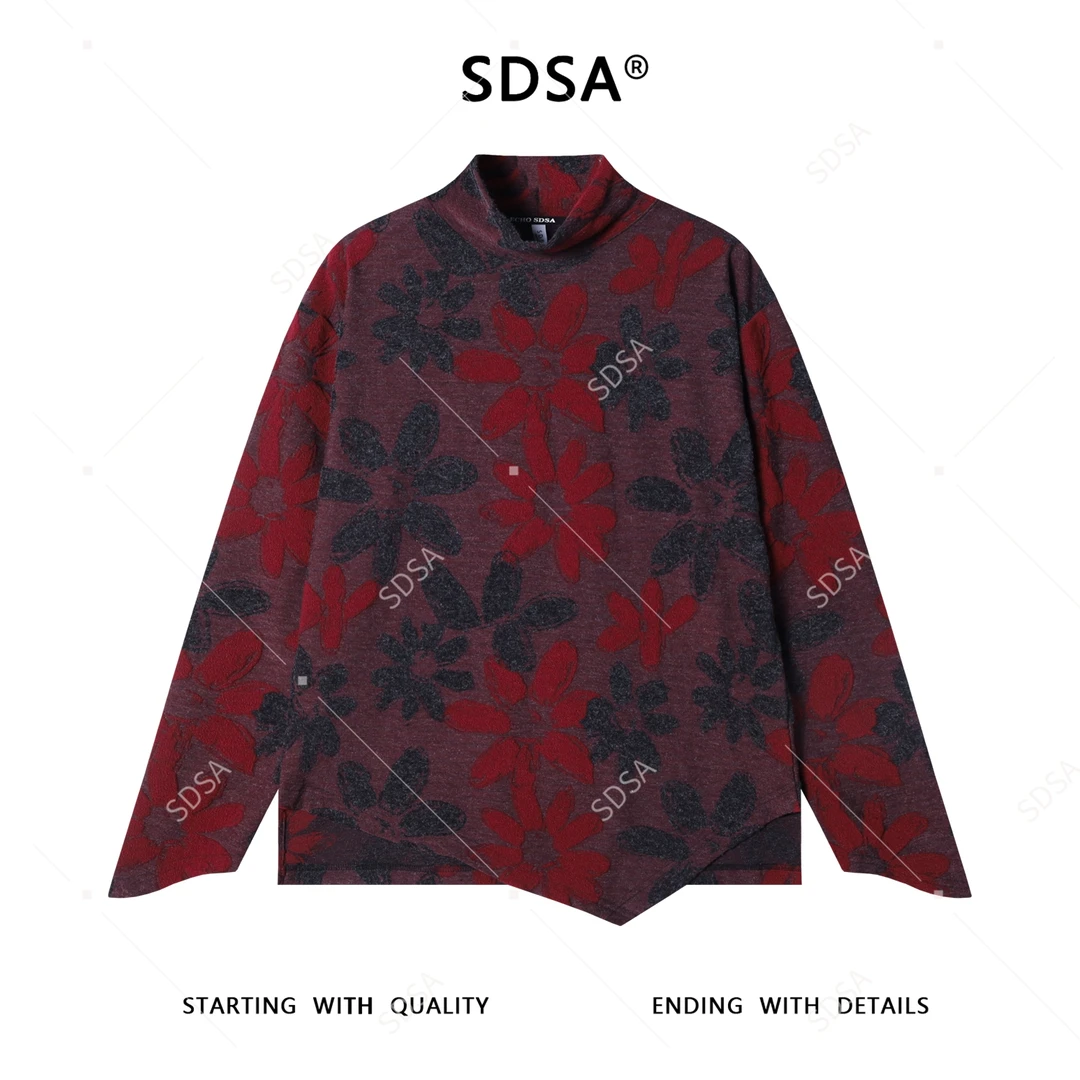 SDSA男士秋冬新款痞帅男装韩版撞色植物花卉半高领长袖T恤百搭潮