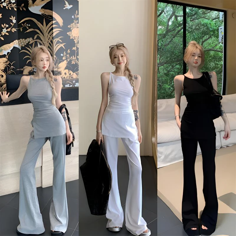 小众小个子穿搭炸街高级辣妹显瘦针织挂脖侧开叉褶皱+休闲微喇叭