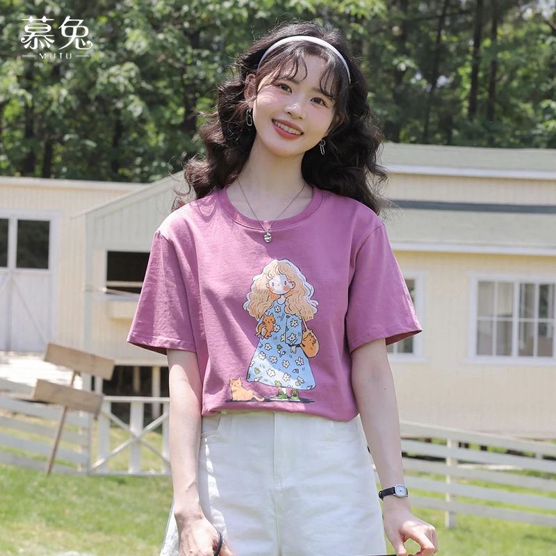 慕兔韩系甜美正肩印花短袖t恤女2025夏季新款宽松休闲小个子上衣