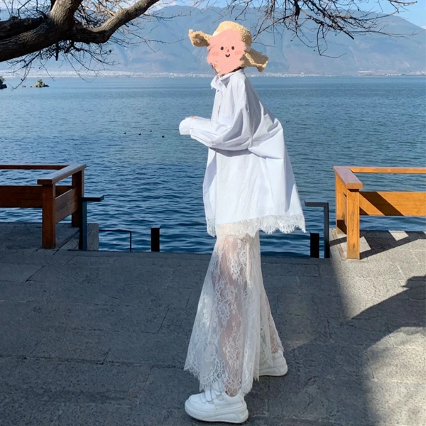 2025春季韩版少女风宽松百搭蕾丝衬衫显瘦长款蕾丝半身裙两件套