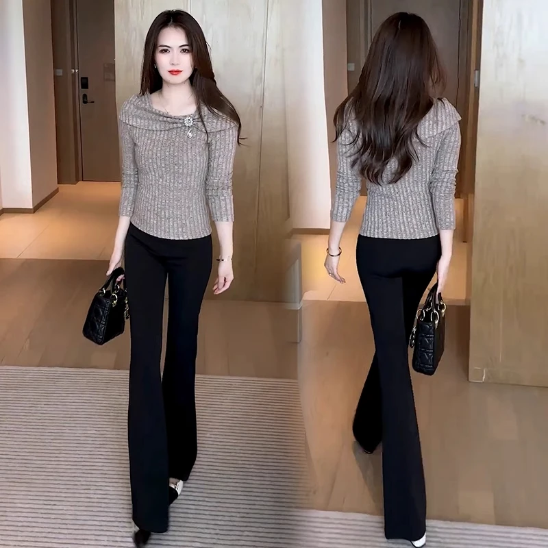 春季新款时尚套装女春秋设计感小众T恤上衣微喇裤修身显瘦两件套