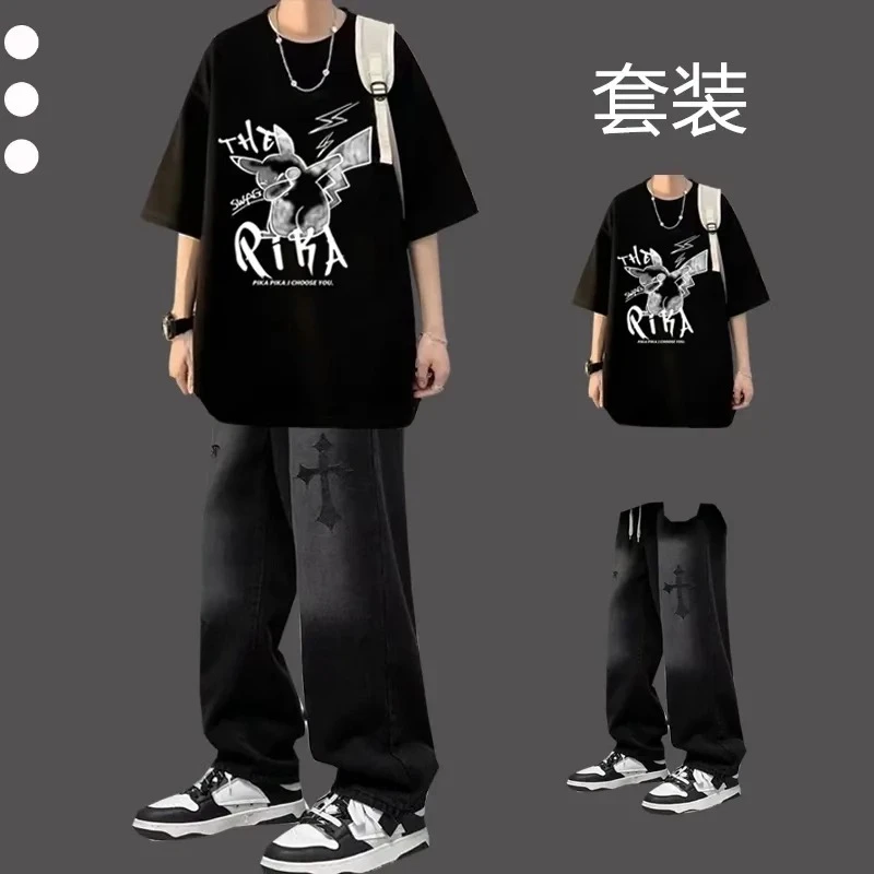 夏季纯棉短袖男套装宽松潮流一套搭配高街牛仔裤酷帅气穿搭两件套