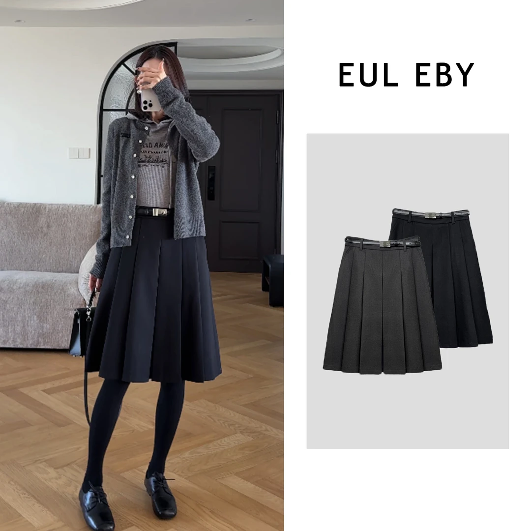 EUL EBY秋冬学院风百褶裙西装中长裙减龄显瘦配腰带半身裙251544#