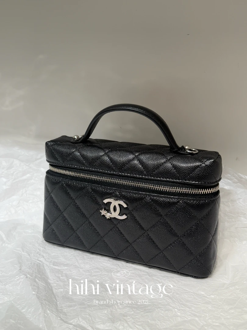 未使用 Chanel/香奈儿 黑银双C五角星荔枝纹手柄盒子包/二店