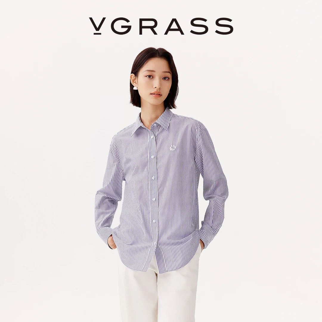 【羊羊专属】VGRASS25早秋新款间色条纹logo绣花落肩宽松廓形衬衫女