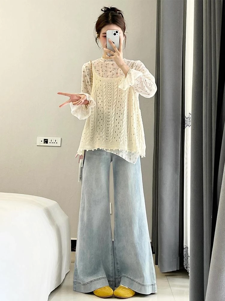 2025超火穿搭一整套韩系碎花打底衫u领背心马甲高腰阔腿裤三件套