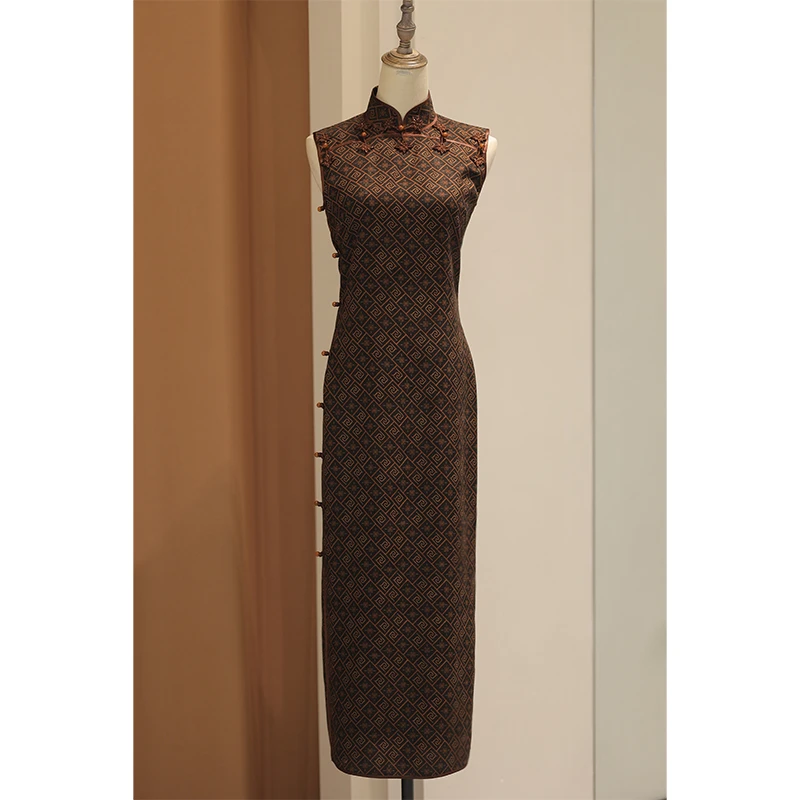 【芜悠】良辰媄锦桑蚕丝香云纱全手工扦边中长款旗袍衣长约130CM