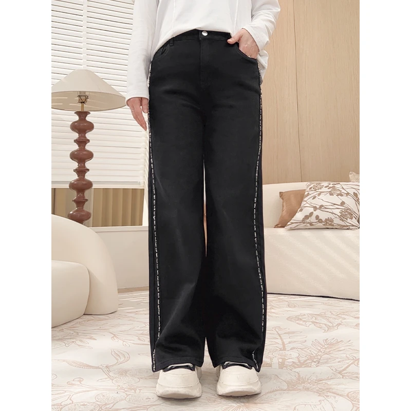 【暖玉绒显瘦牛仔裤】MsShe大码女装春装钉珠阔腿长裤E2410030