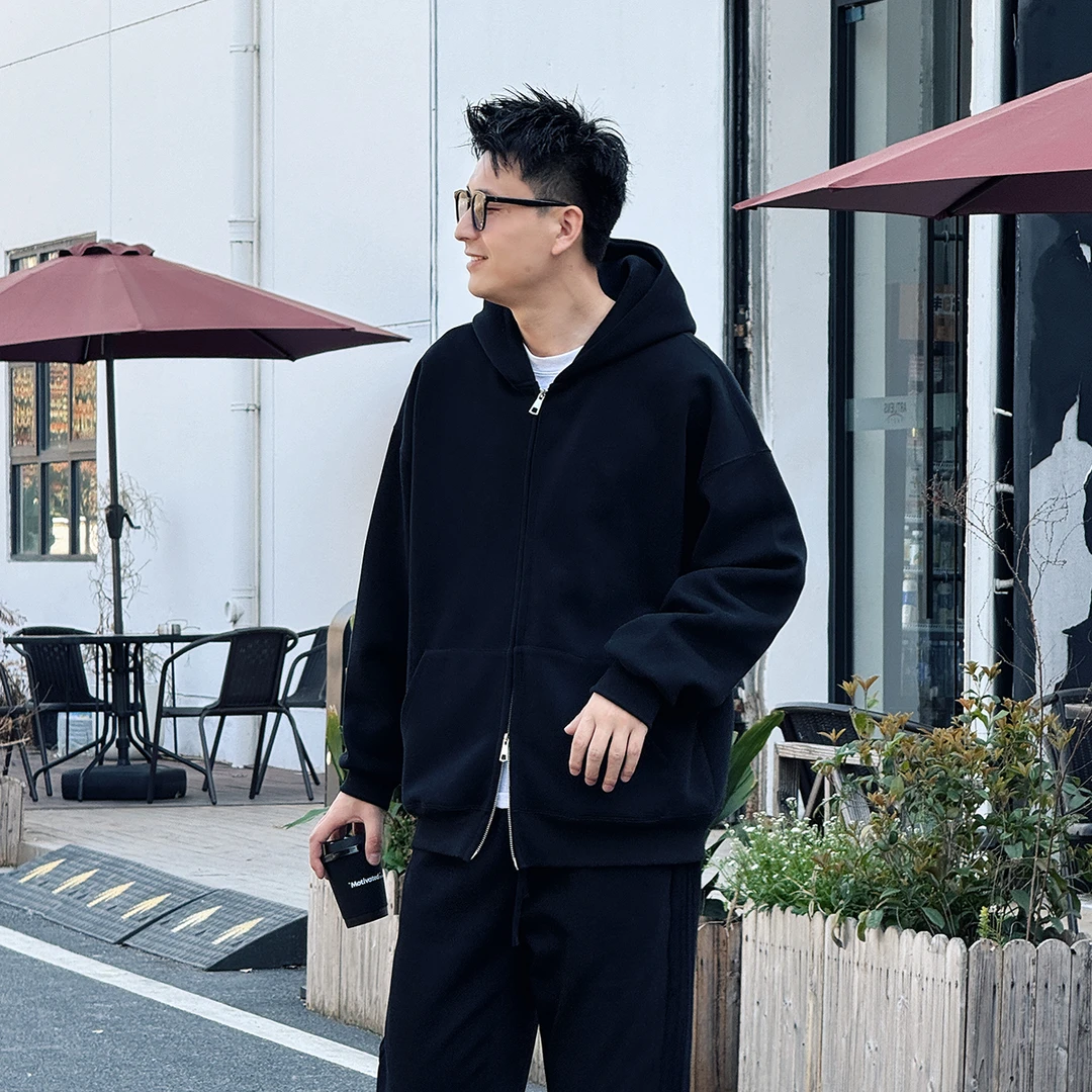 LAWUSAN 秋冬重磅宽松帽衫卫衣连帽潮加厚休闲纯色百搭开衫外套男