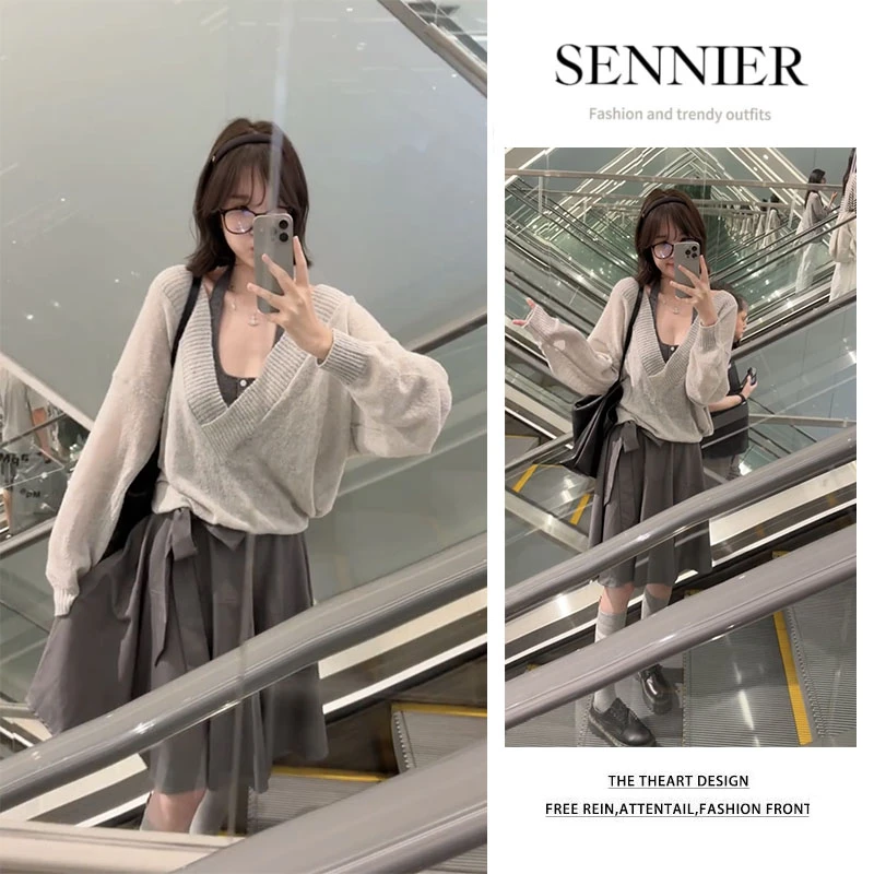 早秋穿搭2025新款宽松百搭针织长袖罩衫修身背心显瘦半身裙三件套